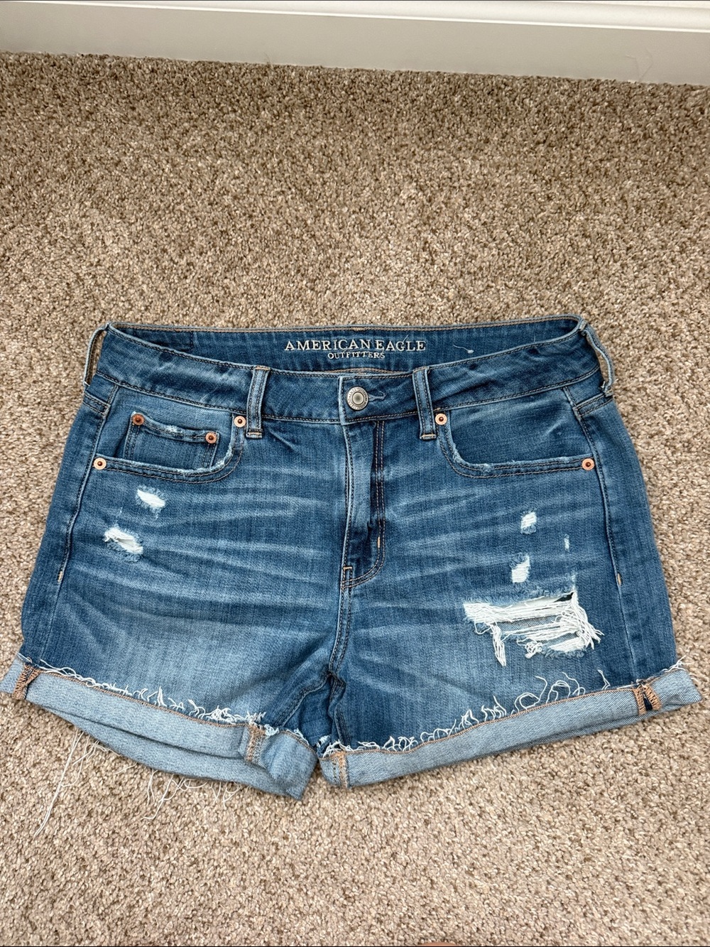 American Eagle Outfitters Distressed Dark Blue Rolled Hem Jean Shorts size 8